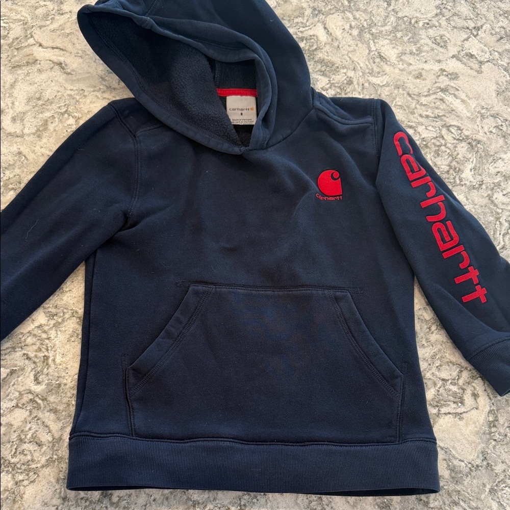 Kids Carhartt Dark Blue Hoodie with Red Accents